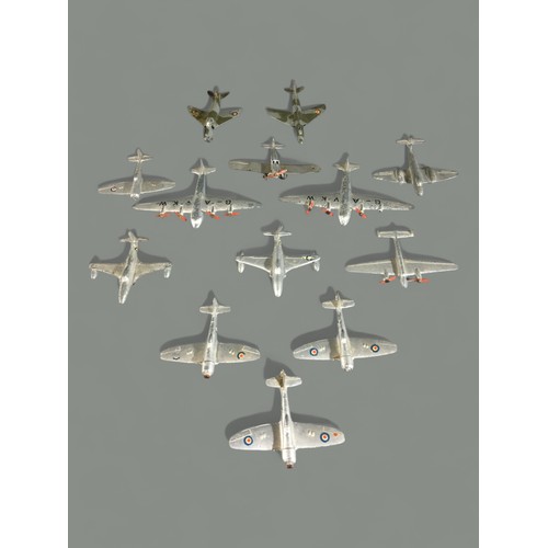 53 - Dinky Cast Metal Aeroplanes x 13. Hawker Hinter, Supermarine Smith, Shooting Star, Meteor etc