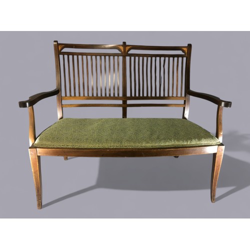 411 - Edwardian Inlaid Mahogany Curved and Slat Backed 2 Seater Settle. Recently Re-Upholstered and Strung... 