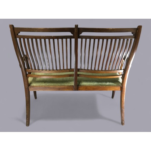 411 - Edwardian Inlaid Mahogany Curved and Slat Backed 2 Seater Settle. Recently Re-Upholstered and Strung... 