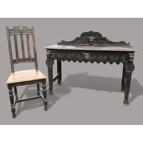 383 - Victorian Green Man Oak Ebonised Hall Table with Long Drawer, and a Matched Victorian Ebonised Oak L... 