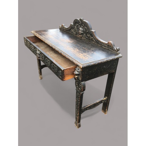 383 - Victorian Green Man Oak Ebonised Hall Table with Long Drawer, and a Matched Victorian Ebonised Oak L... 