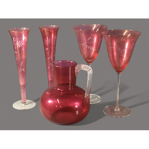 90 - Cranberry Glass, 2 x Cut Decorated Lustered Champagne Flutes and 2 Similar Wine Glasses Together wit... 