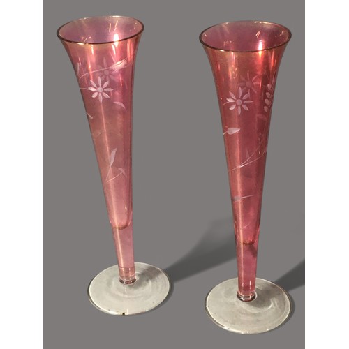 90 - Cranberry Glass, 2 x Cut Decorated Lustered Champagne Flutes and 2 Similar Wine Glasses Together wit... 