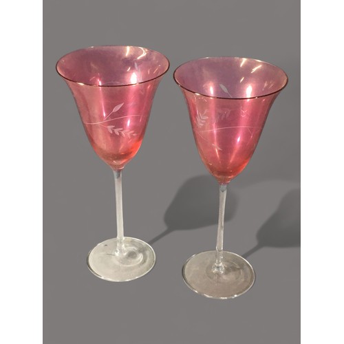 90 - Cranberry Glass, 2 x Cut Decorated Lustered Champagne Flutes and 2 Similar Wine Glasses Together wit... 