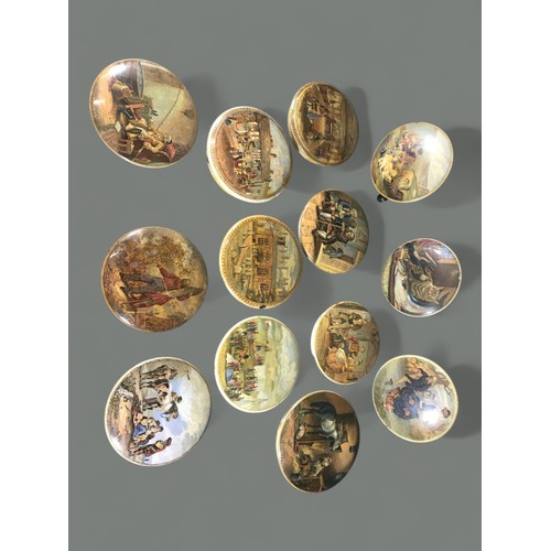 91 - Pratt Ware Lids un-Framed collection of 13. Various Subjects Animalia, Figural and Landscape.