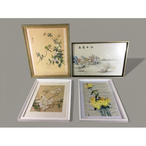 309 - Chinese Painted Silks and Silk Work Artworks 20th Century x 4. Largest H 51cm x W 41cm