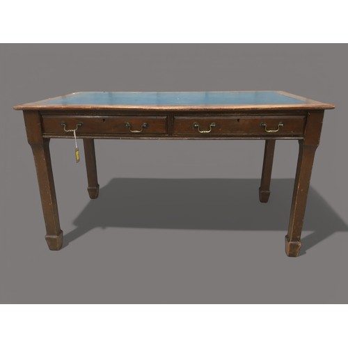 396 - Geo D Pooley Circa 1910 Library Table With 2 Drawers and Blue Leatherette Top. Ivorine Label to of i... 