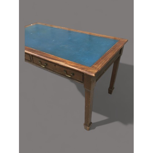 396 - Geo D Pooley Circa 1910 Library Table With 2 Drawers and Blue Leatherette Top. Ivorine Label to of i... 