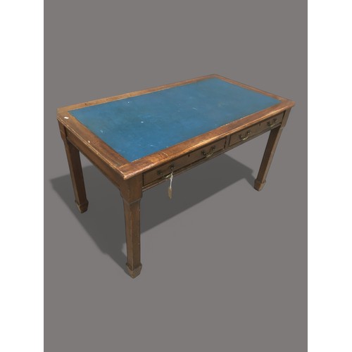 396 - Geo D Pooley Circa 1910 Library Table With 2 Drawers and Blue Leatherette Top. Ivorine Label to of i... 