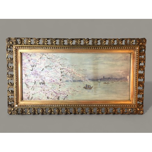 306 - Oriental Watercolour Circa 1900-10 Harbour and Cherry Tree Scene. Framed and Glazed Presented in a P... 