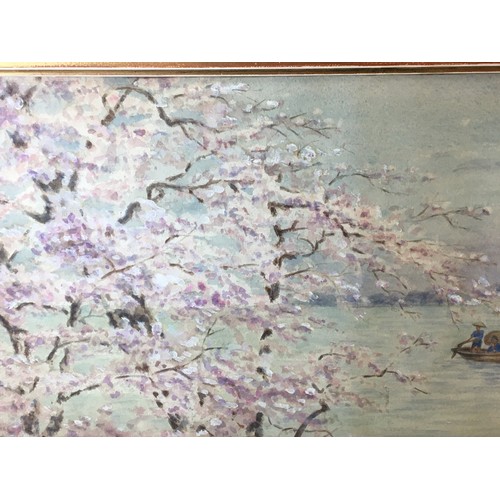 306 - Oriental Watercolour Circa 1900-10 Harbour and Cherry Tree Scene. Framed and Glazed Presented in a P... 