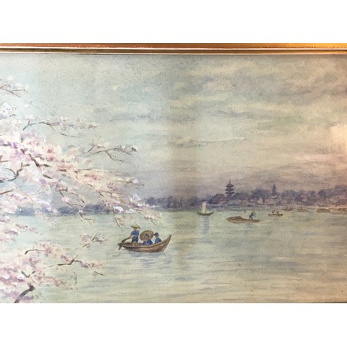 306 - Oriental Watercolour Circa 1900-10 Harbour and Cherry Tree Scene. Framed and Glazed Presented in a P... 