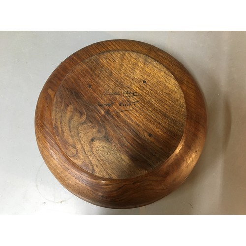 52 - Turned Wooden Bowls x 2 in Somerset Walnut 1 being signed and a Bamboo letter rack.