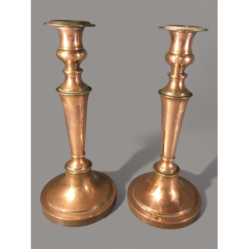 329 - Pair of Copper 19th Century Candle Sticks and a Copper and Brass Fuel/Hotwater Container.Height 29cm... 