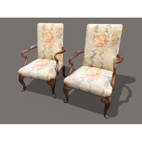 401 - Generous Queen Anne Style Pair of Upholstered Arm Chairs. Serpentine Style Arms and Scroll Carved Le... 