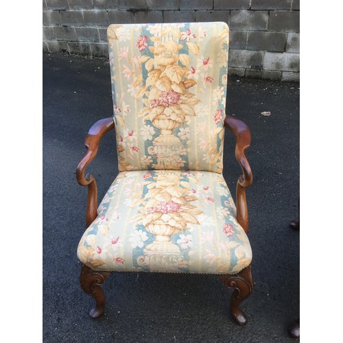 401 - Generous Queen Anne Style Pair of Upholstered Arm Chairs. Serpentine Style Arms and Scroll Carved Le... 