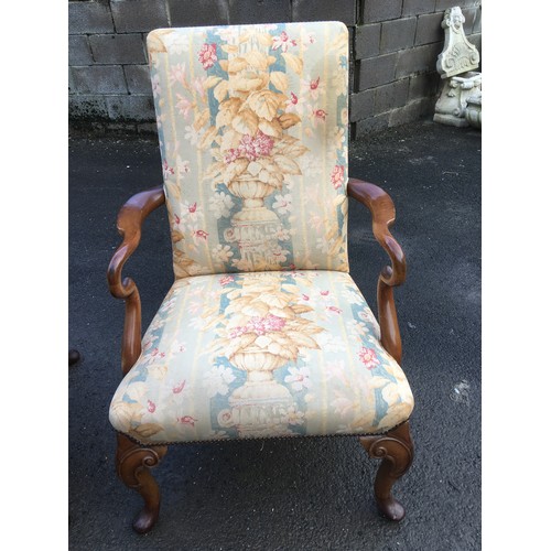 401 - Generous Queen Anne Style Pair of Upholstered Arm Chairs. Serpentine Style Arms and Scroll Carved Le... 