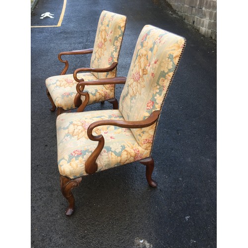 401 - Generous Queen Anne Style Pair of Upholstered Arm Chairs. Serpentine Style Arms and Scroll Carved Le... 