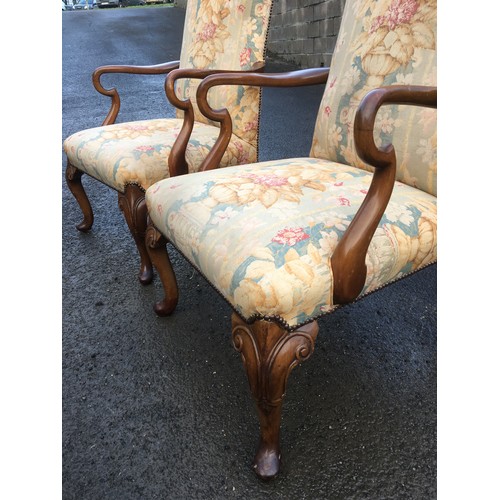 401 - Generous Queen Anne Style Pair of Upholstered Arm Chairs. Serpentine Style Arms and Scroll Carved Le... 