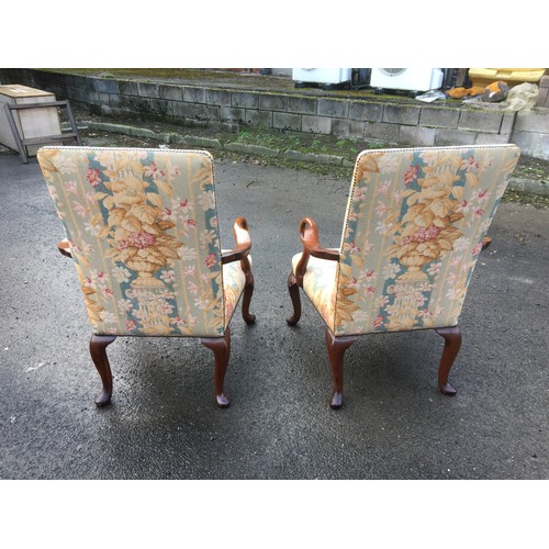 401 - Generous Queen Anne Style Pair of Upholstered Arm Chairs. Serpentine Style Arms and Scroll Carved Le... 