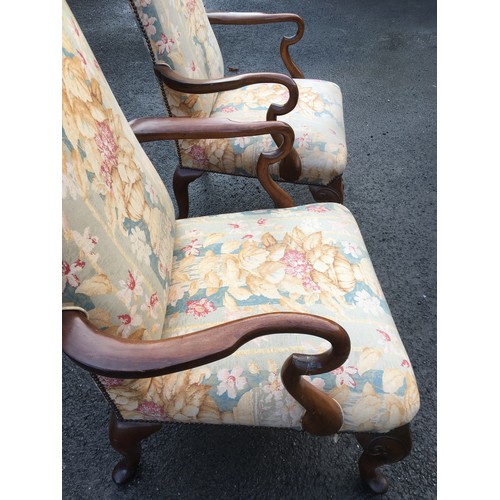 401 - Generous Queen Anne Style Pair of Upholstered Arm Chairs. Serpentine Style Arms and Scroll Carved Le... 