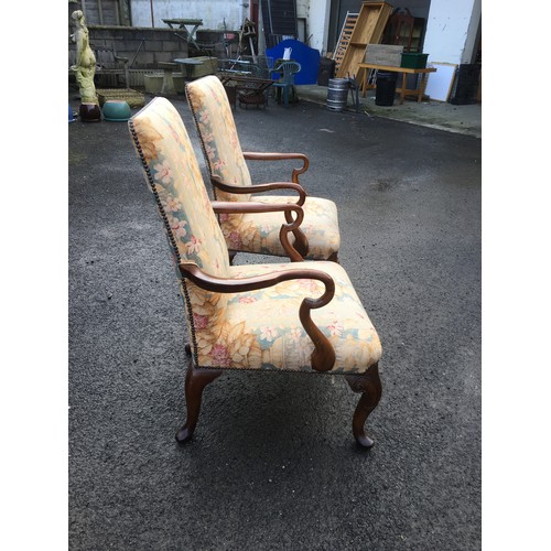 401 - Generous Queen Anne Style Pair of Upholstered Arm Chairs. Serpentine Style Arms and Scroll Carved Le... 