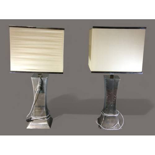 402 - Pair of Late Mid Century Designer Metal Lamps of Square Tapering Form and Original Silk Square Shade... 