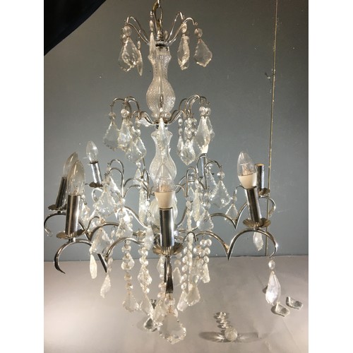 407 - Impressive Glass and Chrome Eight Branch Chandelier with Crystal Glass Drops.Dia 65cm  Drop 85cm app... 