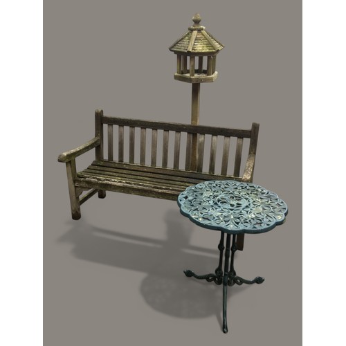 403A - Well Weathered Garden Bench by Lister, Cast Aluminium Green Painted Table Foliate Design on Triform ... 