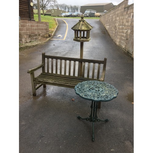 403A - Well Weathered Garden Bench by Lister, Cast Aluminium Green Painted Table Foliate Design on Triform ... 