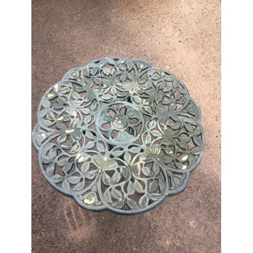 403A - Well Weathered Garden Bench by Lister, Cast Aluminium Green Painted Table Foliate Design on Triform ... 