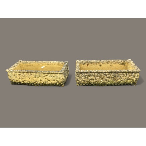 404A - A Pair of Gardens of Stone Reconstituted Stone Rectangular good Sized Planters with Oak Leaf Decorat... 