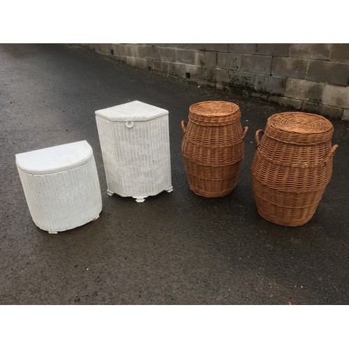 374 - Aladdin Style Handled lidded Wicker Baskets x 2 and 2 x White Painted Lloyd Loom