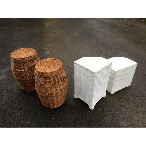 374 - Aladdin Style Handled lidded Wicker Baskets x 2 and 2 x White Painted Lloyd Loom