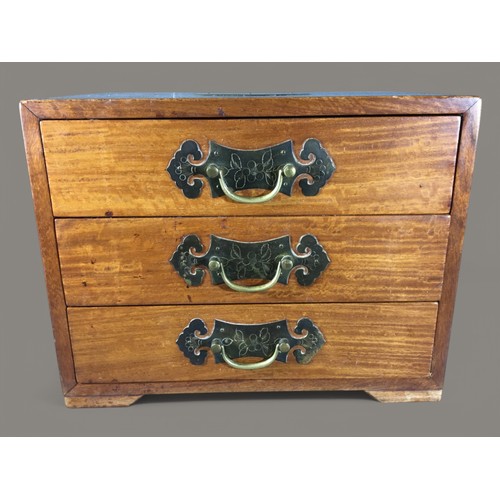 41 - Chinese Jewellery Chest with 3 Fitted Drawers and Brass Fittings. Dove tailed Joints.