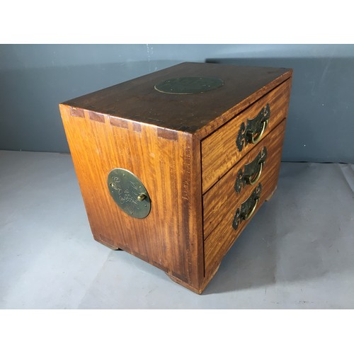 41 - Chinese Jewellery Chest with 3 Fitted Drawers and Brass Fittings. Dove tailed Joints.