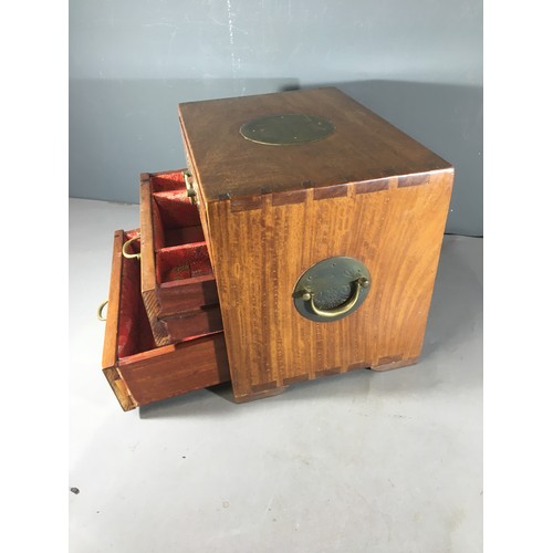 41 - Chinese Jewellery Chest with 3 Fitted Drawers and Brass Fittings. Dove tailed Joints.