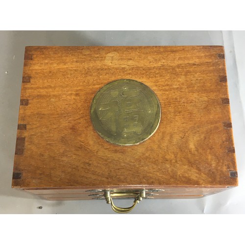 41 - Chinese Jewellery Chest with 3 Fitted Drawers and Brass Fittings. Dove tailed Joints.