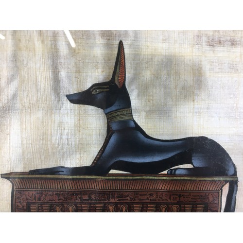 336 - Art Work on Papyrus of Egyptian Dog Abutiu on Casket.Signed.H 41cm x W 51cm