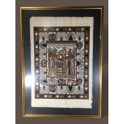 337 - Large Egyptian Artwork on Papyrus Framed and Glazed. Signed Lower L/H.H 110cm x W 80cm