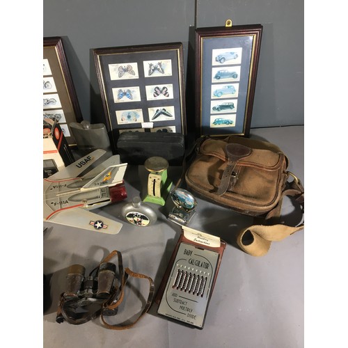 372 - Large Tray of Collectables to Include Vintage Canvas and Leather Hunting/Fishing Satchel, Binoculars... 