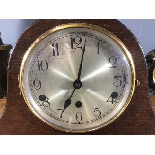 369 - An Attractive Oak Napoleon Hat Clock with Silvered Arabic Numeral Dial and Chimes, Spelter Figural C... 