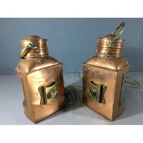 11 - Pair of Ship Copper and Brass Port and Starboard lamps with the Original Glass Red (Port) Green (Sta... 