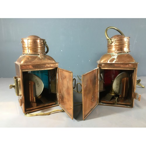 11 - Pair of Ship Copper and Brass Port and Starboard lamps with the Original Glass Red (Port) Green (Sta... 