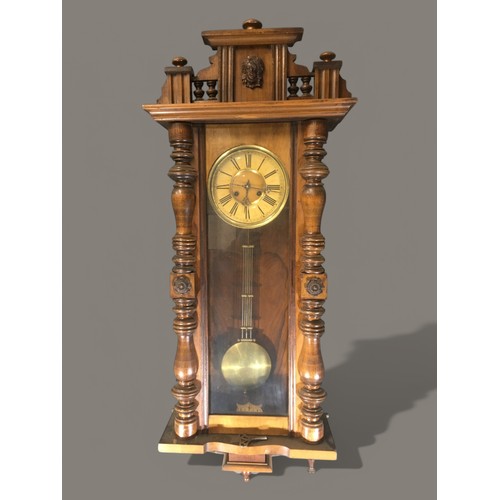 367 - Impressive Early 20th Century Chiming  Wall Clock. Working at time of Listing. Has Key.H 115cm Appro... 