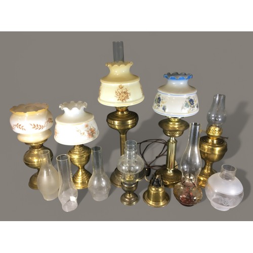 366 - Collection of 8 Oil Lamps Shades and Flues. One Converted to Electric. Predominately Brass 20th Cent... 