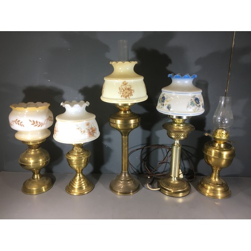 366 - Collection of 8 Oil Lamps Shades and Flues. One Converted to Electric. Predominately Brass 20th Cent... 