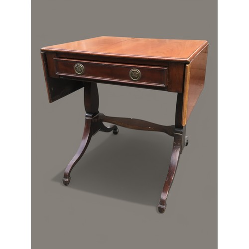 403 - Mahogany Drop Leaf Sofa Table having Singular drawer with Prince of Wales Emblem Circular Brass Hand... 