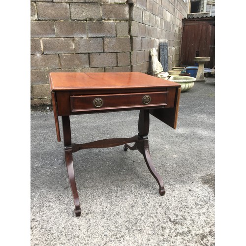 403 - Mahogany Drop Leaf Sofa Table having Singular drawer with Prince of Wales Emblem Circular Brass Hand... 