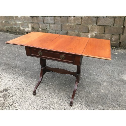 403 - Mahogany Drop Leaf Sofa Table having Singular drawer with Prince of Wales Emblem Circular Brass Hand... 